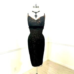 Vintage cocktail dress with copper satin and black lace overlay